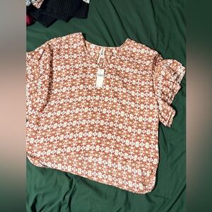 Anthropologie Orange and White Floral Short Sleeve Blouse